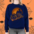 Funny Biker Pumpkin Crewneck Sweatshirt Witch Riding Motorcycle Halloween
