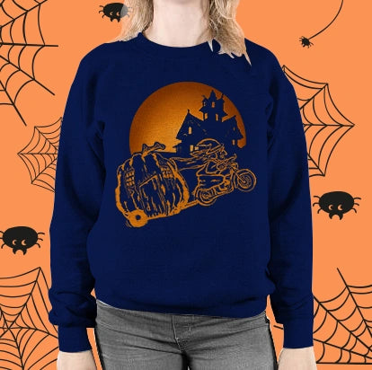 Funny Biker Pumpkin Crewneck Sweatshirt Witch Riding Motorcycle Halloween